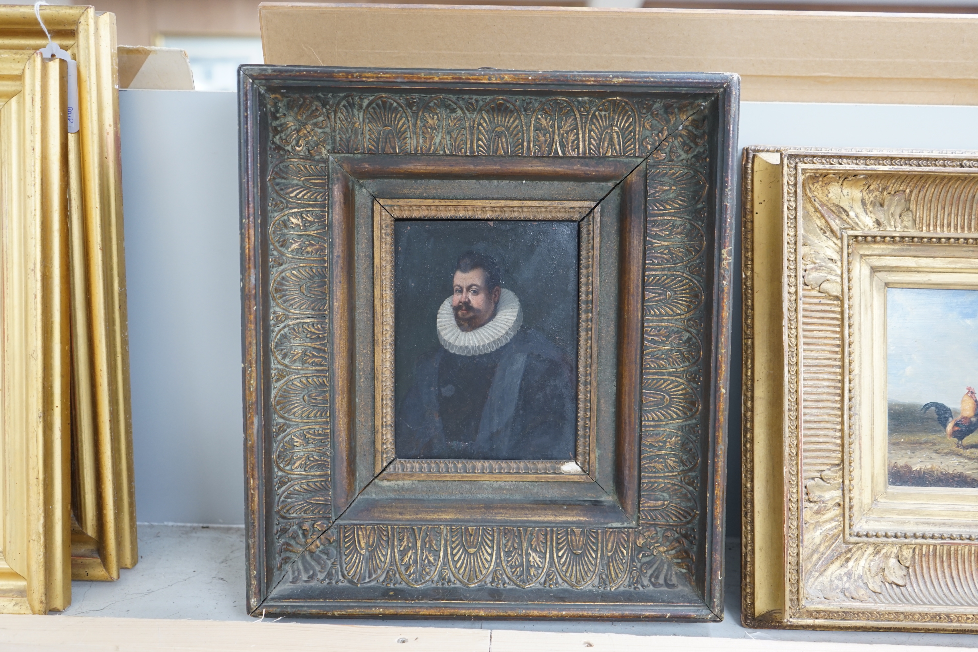 19th century Continental School, oil on copper, Portrait of a gentleman wearing a ruff, various inscriptions verso including ‘Leonardo da Vinci’, later framed, 16 x 12cm